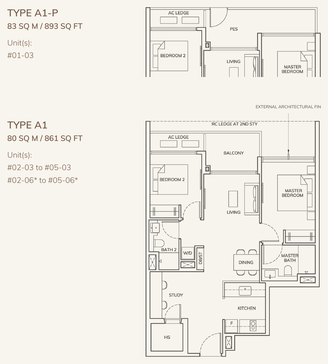 Type A1 and A1-P: 2-Bedroom + Study